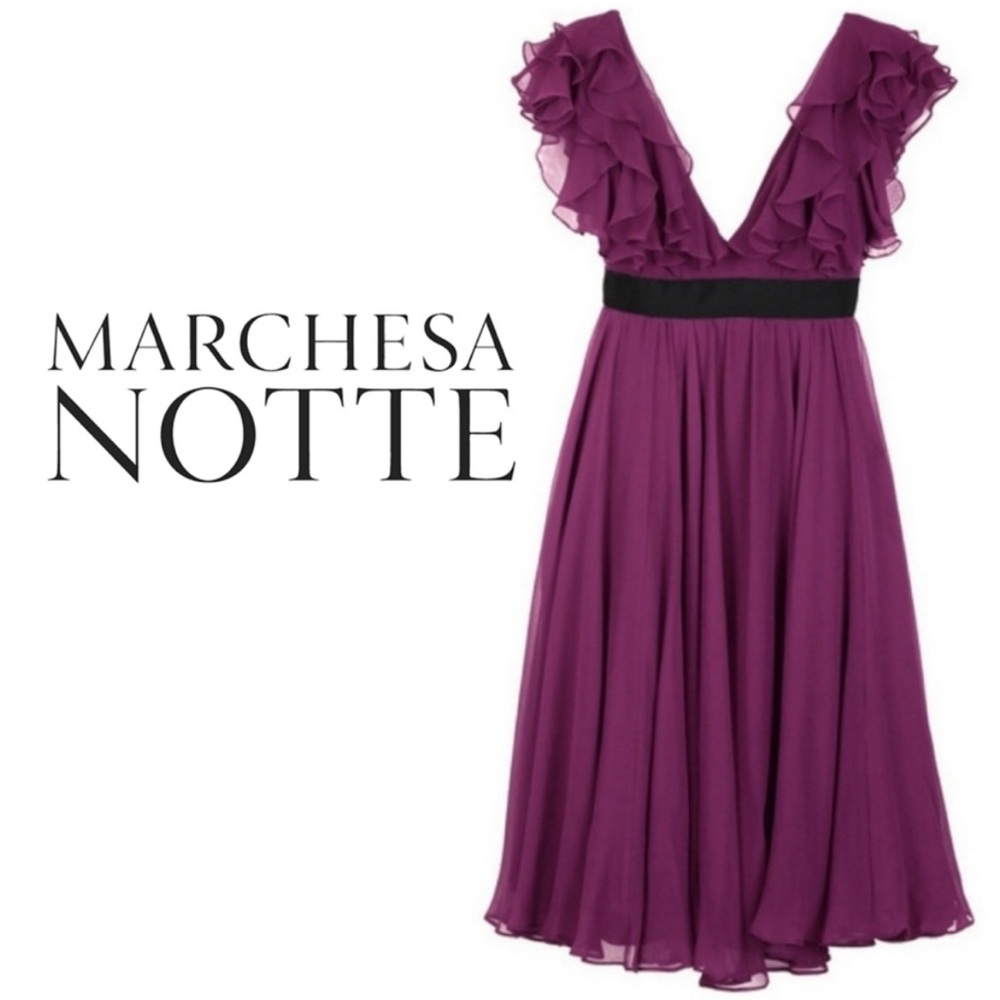 Marchesa Notte Ruffled V-Neck Dress
